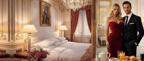 A luxurious bedroom with a large bed, ornate decor, and a dining setup with breakfast items.