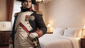 Een persoon in militair uniform staat in een kamer met een bed en nachtkastje.