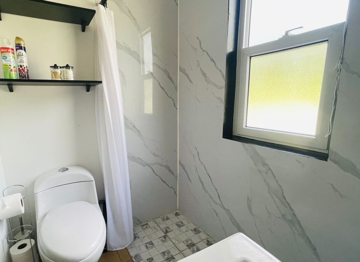Shower, towels, soap, toilet paper