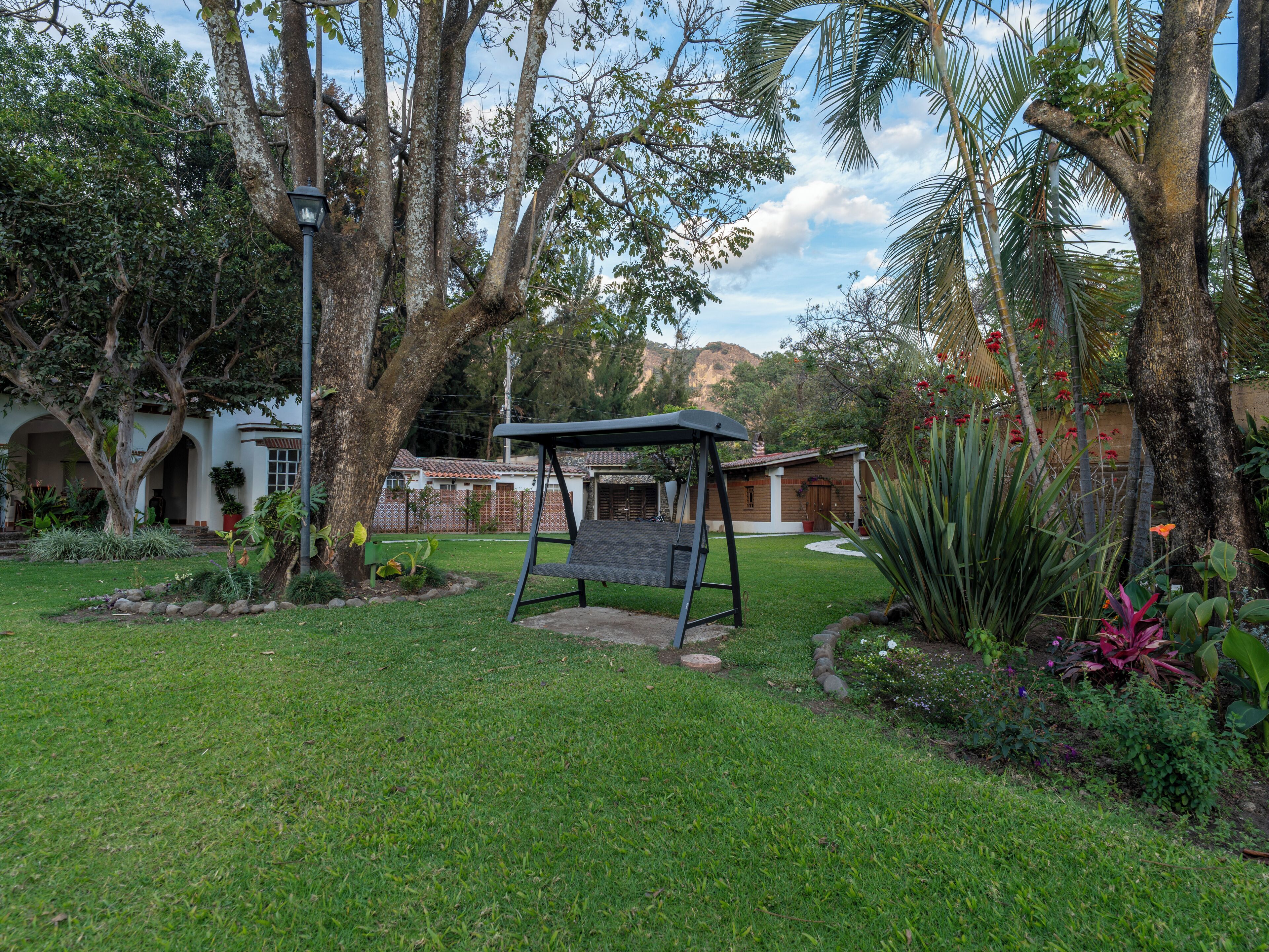 A well-maintained garden with a swing, trees, and a building in the background.