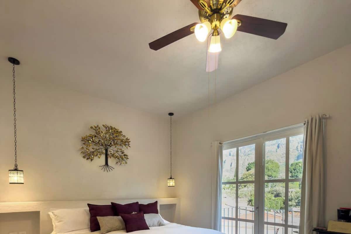 A bedroom with a large bed, a ceiling fan, a tree wall art, and a view through a glass door.
