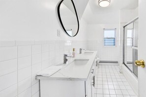 Hair dryer, bidet, towels, soap