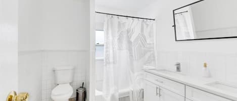 Hair dryer, bidet, towels, soap
