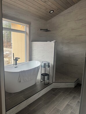 Shower, hair dryer, bidet, towels -  Relaxing 2 bedroom home on the Trout River views of historic train trestle. (Malone)