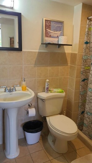 Shower, towels, soap, toilet paper - Beautiful Costa Linda beach condo, 2 BR/ 2 BA, Pool view (Jacó)
