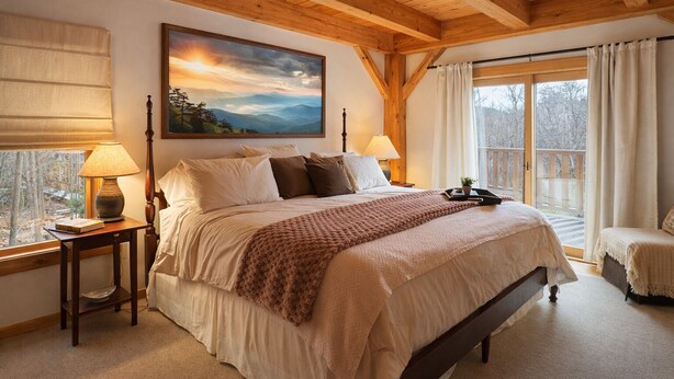 A bedroom with a wooden ceiling, a large bed with a view of the outdoors, a painting on the wall, and a window with curtains. - Peaceful Resort Cabin in Sapphire Valley close to Cashiers & resort access (Sapphire)
