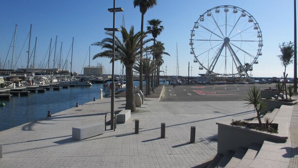 Un puerto deportivo con barcos, una noria y un paseo marítimo adoquinado con palmeras.