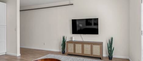 A modern living room with a flat-screen TV mounted on the wall, a wooden dining table with a remote control, a patterned rug, and two potted plants.