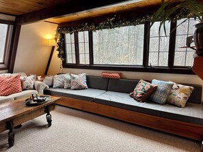 Living area - Charming A-Frame backing up to Green Mountain National Forest with sauna (Dover)