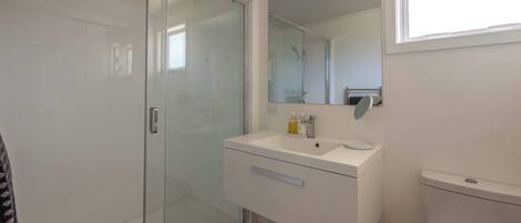 Ein modernes Badezimmer mit Duschkabine aus Glas, einem weißen Waschbecken mit Spiegel darüber und einer Toilette.
