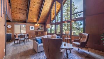 Smart TV, fireplace, books