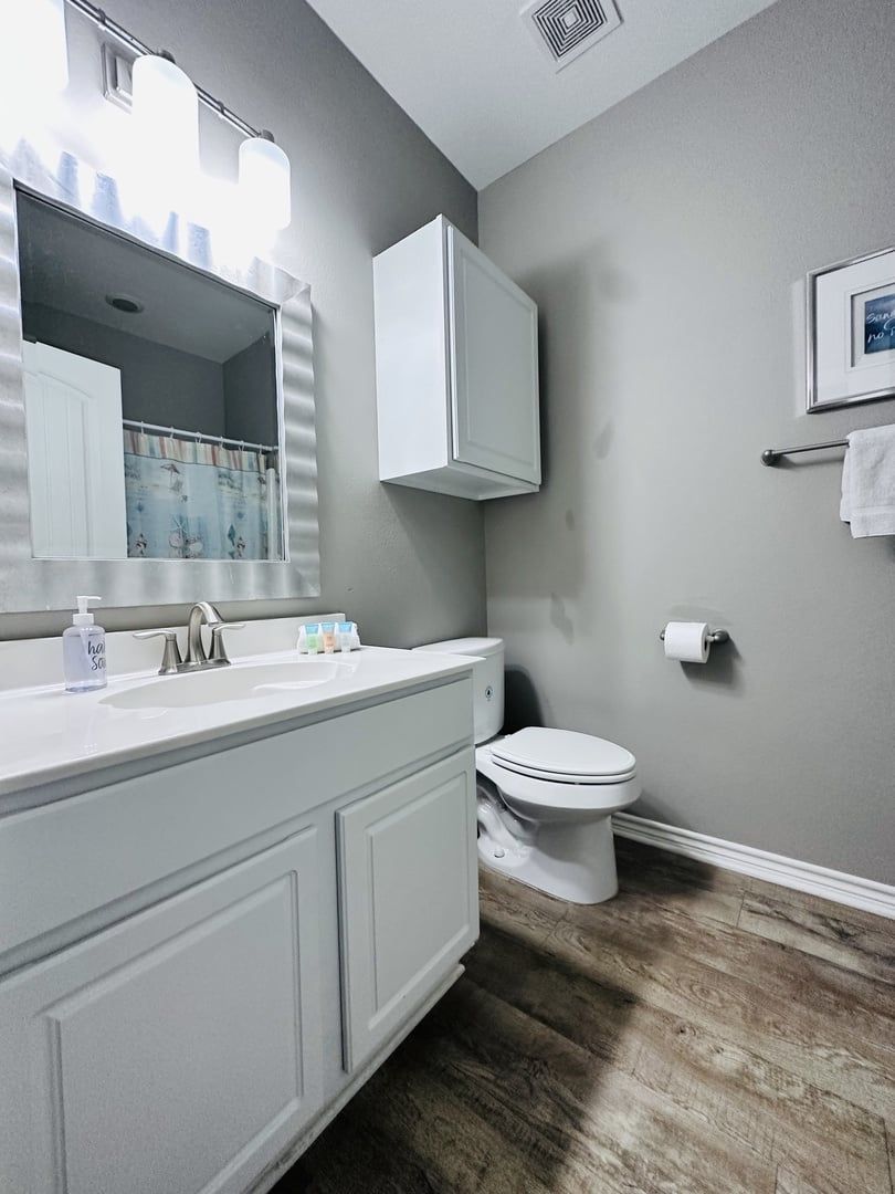 Une salle de bain avec un meuble-lavabo blanc, des toilettes et un miroir.