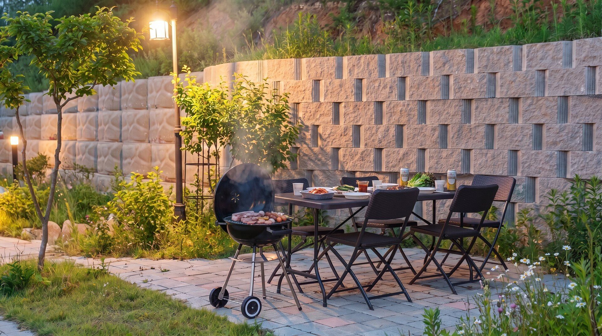 An outdoor dining area with a stone wall, a grill, and a table set for two.