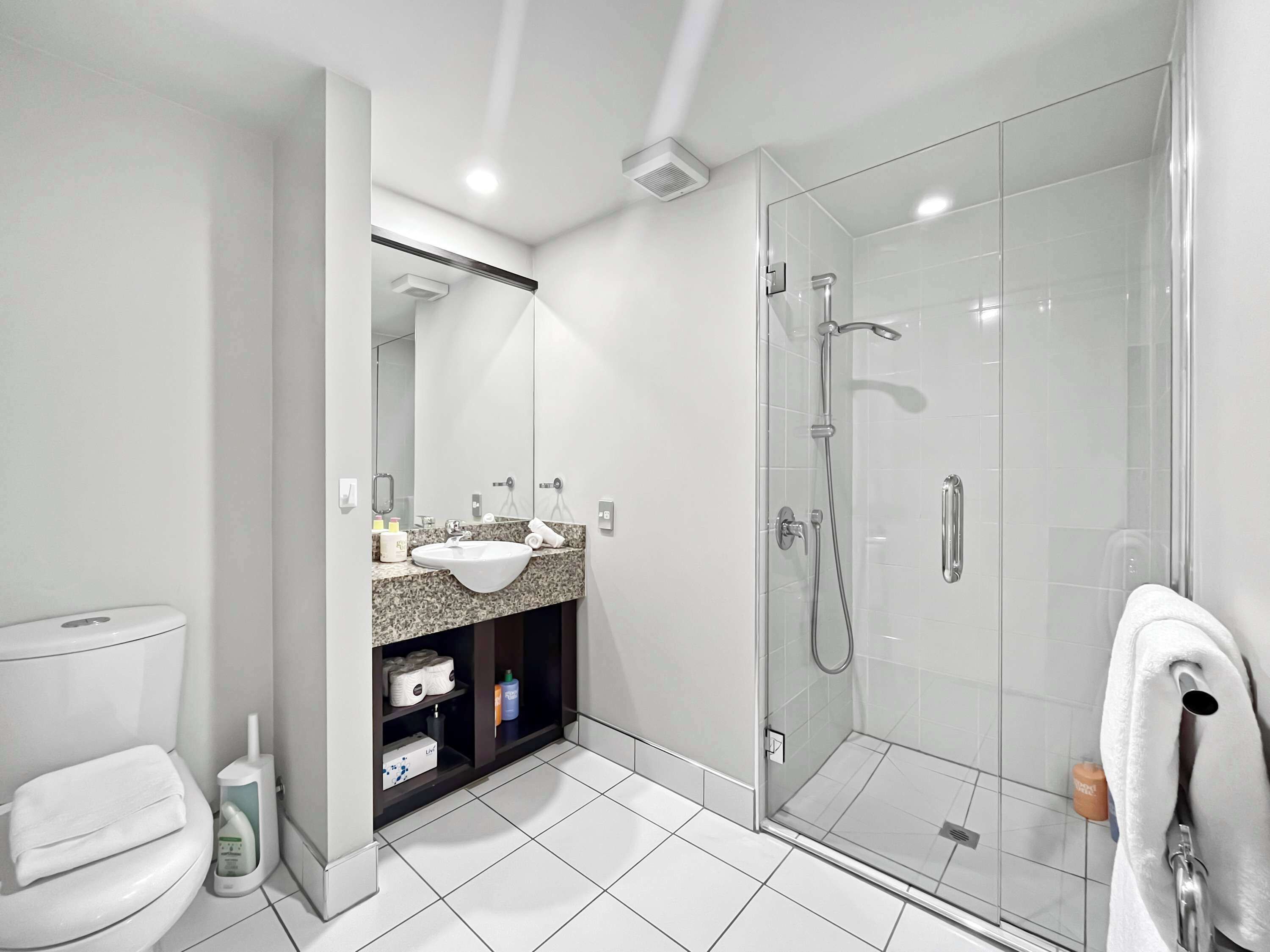 Shower, hair dryer, towels, shampoo