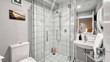 Shower, hair dryer, towels, shampoo