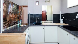Une cuisine moderne équipée d’un lave-linge, d’un évier et d’un plan de travail sur lequel sont disposés divers objets.