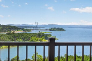 A lake with a power line structure, surrounded by greenery and distant hills. - Lakeview 3BR/3BA Condo • Top Floor • Free Tickets (Branson)