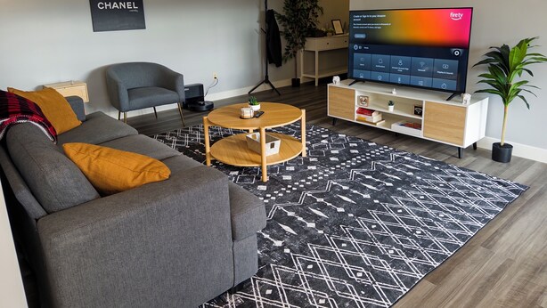 Ein modernes Wohnzimmer mit einem grauen Sofa, einem kleinen runden Couchtisch, einem Fernseher und einer Zierpflanze.