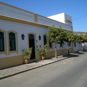 Un edificio con fachada amarilla, ventanas en arco y plantas en macetas a lo largo de la acera.