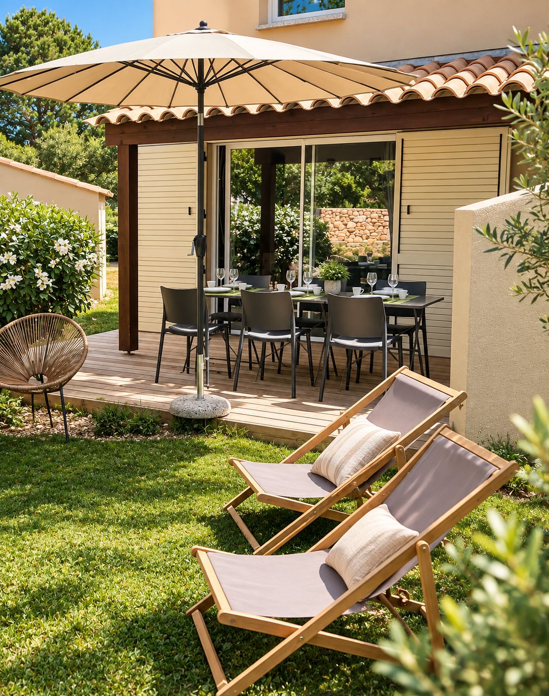 A patio with a table and chairs, a lounge chair, and a pergola with an umbrella.