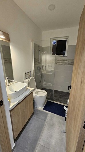 Shower, hair dryer, towels, soap