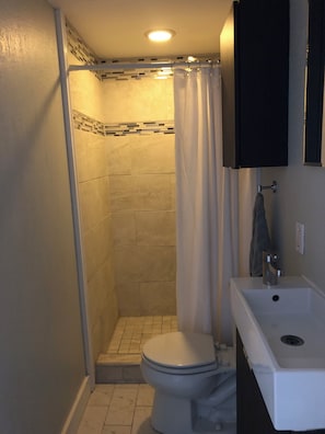 Douche, sèche-cheveux, serviettes fournies, savon