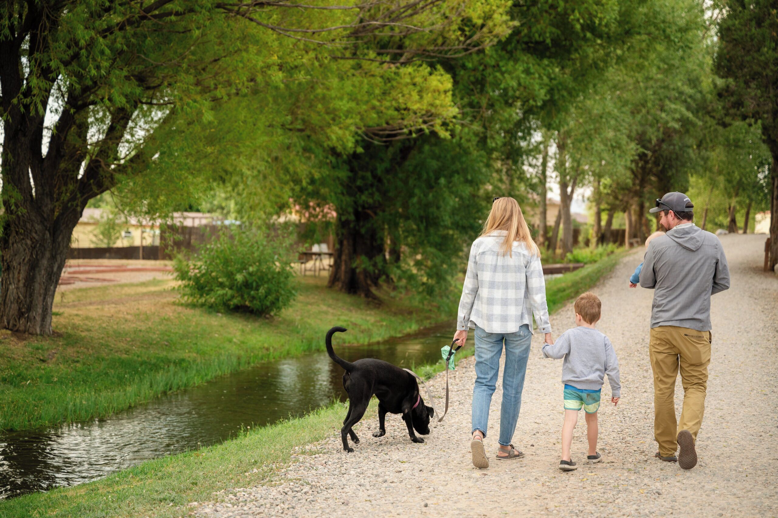 Un sentier où l’on voit un chien, une femme, un enfant et un homme qui marchent.