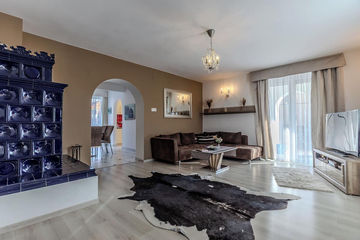 Un salon moderne avec une cheminée, un canapé, une table basse et un téléviseur.
