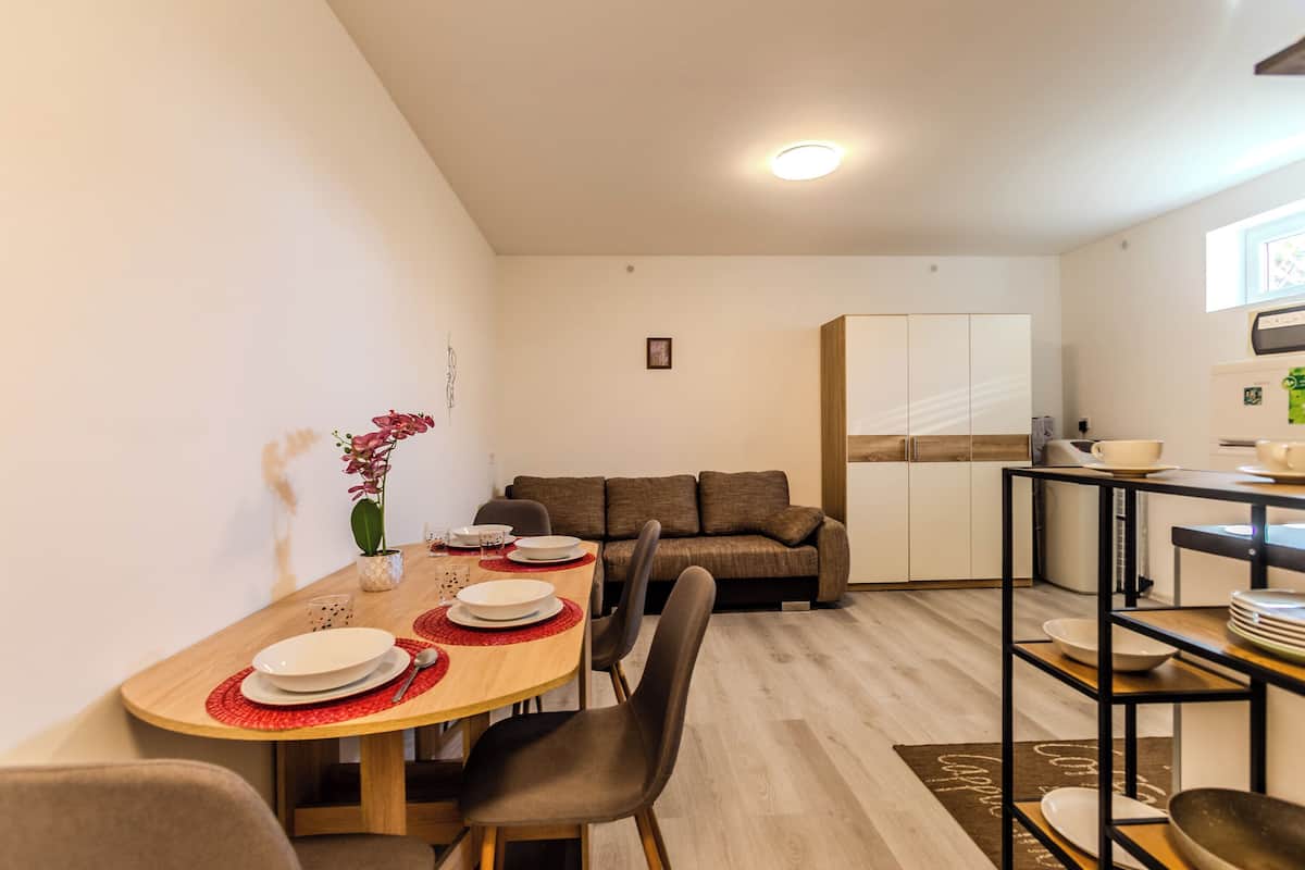 Un espace de vie compact comprenant un coin repas, une kitchenette et un canapé.