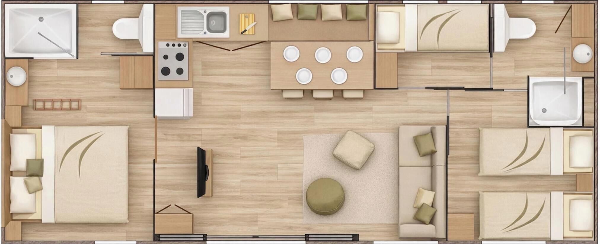 Un plan d’aménagement de chambre d’hôtel comprenant un lit, un coin salon, une kitchenette et une salle de bain.