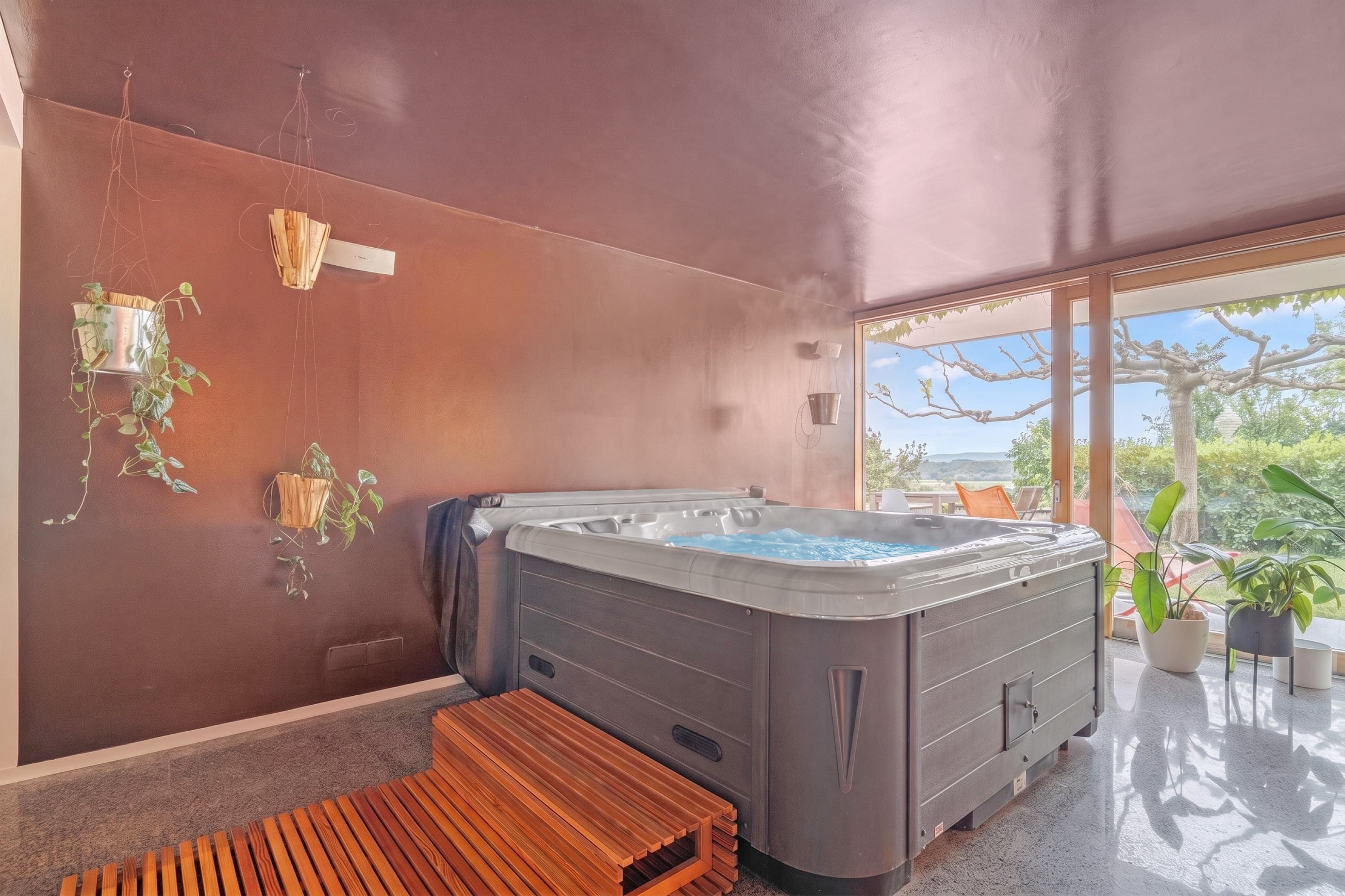 A modern spa room with a hot tub, wooden benches, and potted plants.