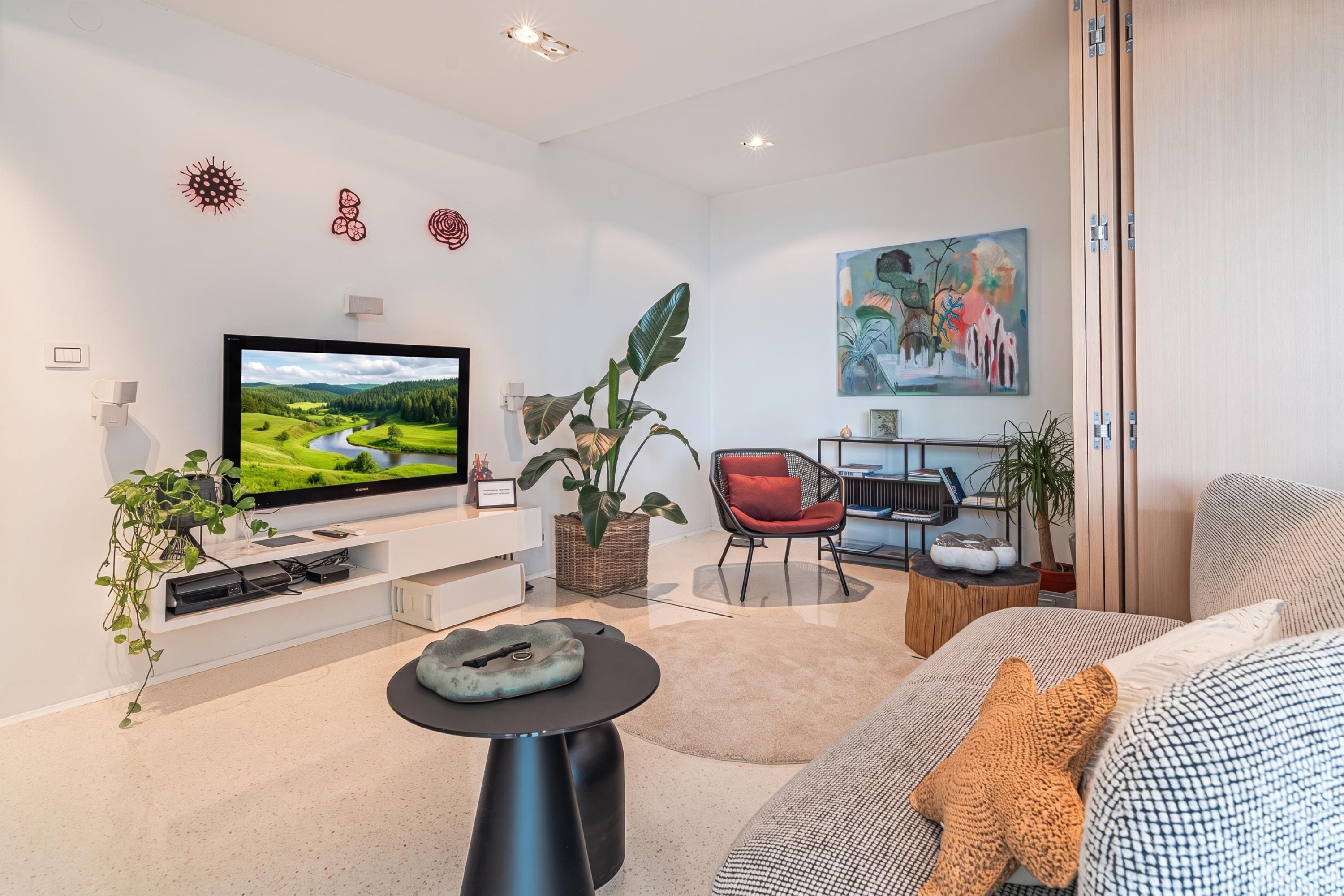 A modern living room with a flat-screen TV, a comfortable sofa, a red chair, and a coffee table.