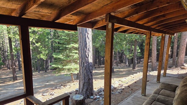 A covered porch with a wooden bench, wooden beams, and a view of a forested area.