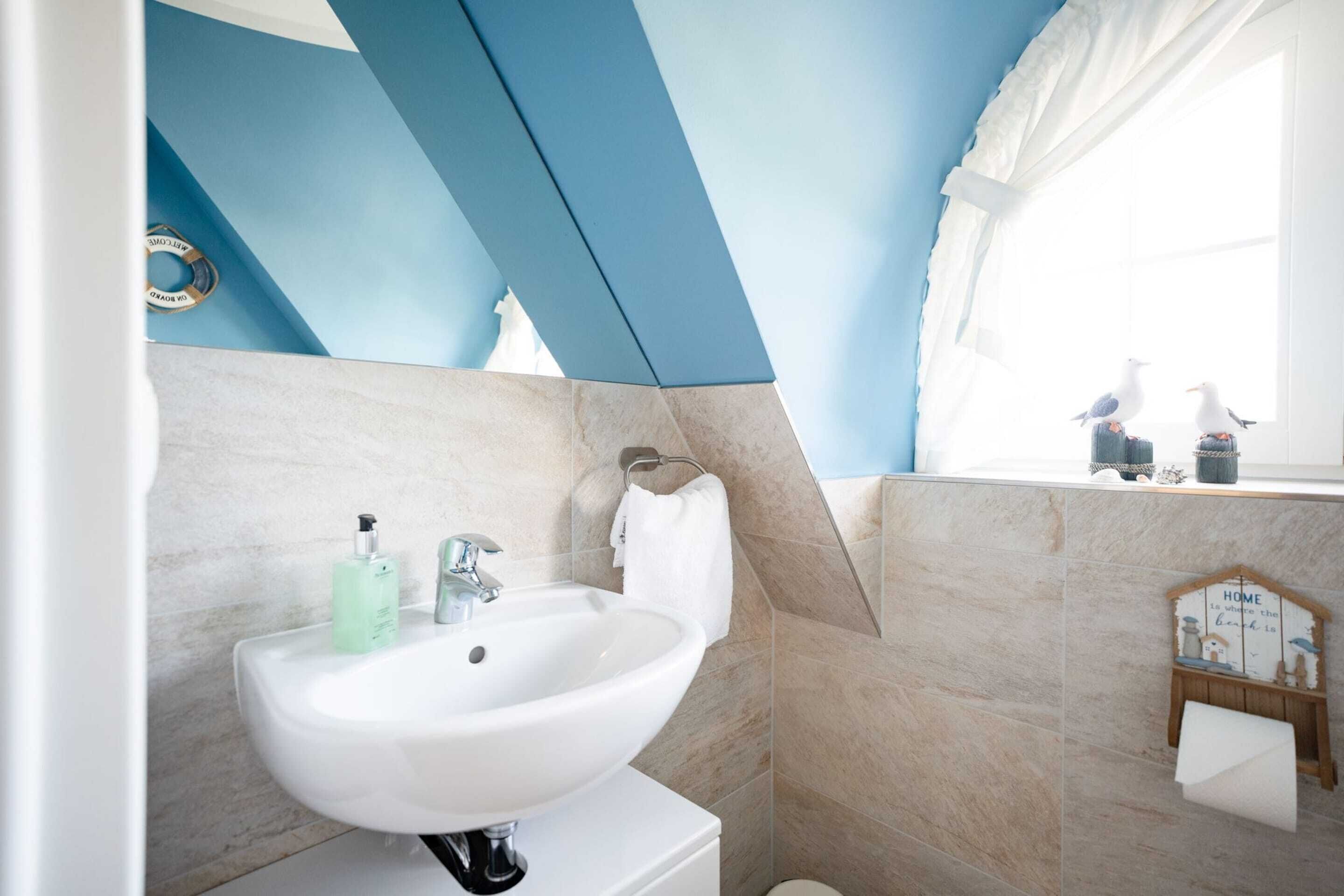 A bathroom with a white sink, a towel rack, and a window with two seagulls outside.