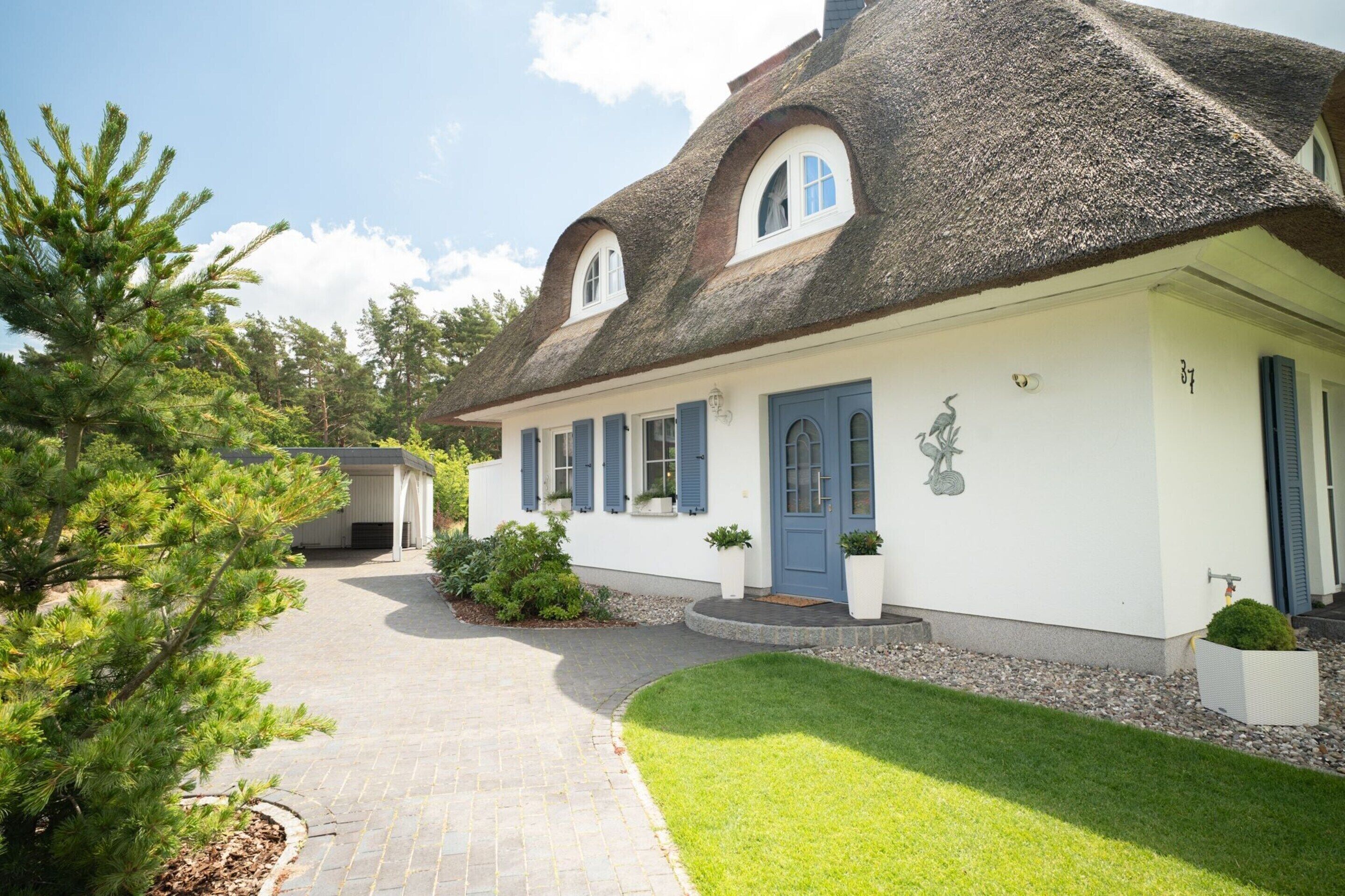 A house with a thatched roof, a blue door, and a small garden.