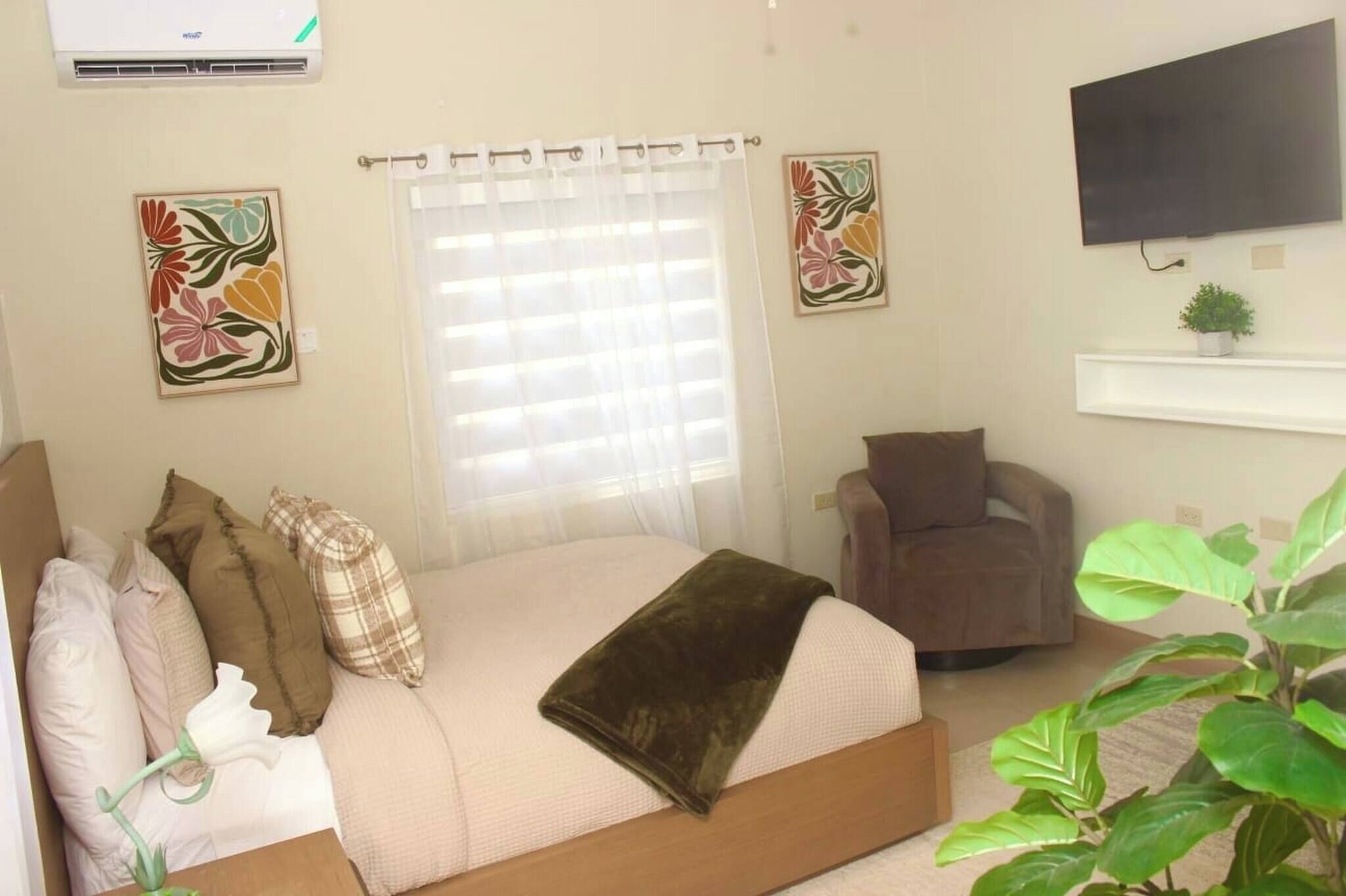 Quarto com cama, uma cadeira, televisão e planta.