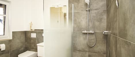 Shower, hair dryer, towels