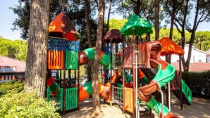 Ein Spielplatz mit Rutschen und Klettergerüsten.