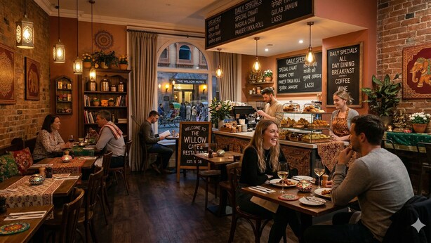 Un restaurant acollidor amb mobles de fusta, una paret de maó i un quadre amb les especialitats del dia.