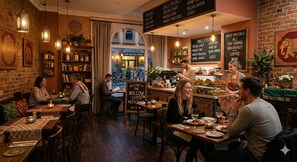 Un restaurant chaleureux, avec des meubles en bois, un mur en briques et un tableau affichant les plats du jour.