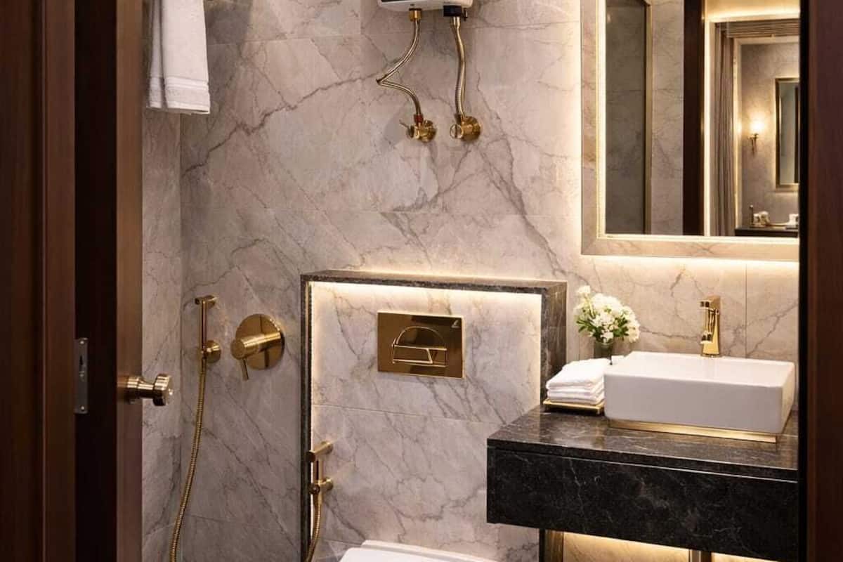 A modern bathroom with a toilet, sink, and shower.