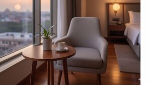 Habitació d'hotel amb vista a un paisatge urbà al capvespre, una taula rodona petita amb una planta i una tassa, un otomà gris i un llit amb una nitòria.