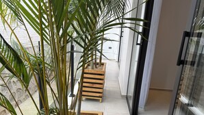 Een smalle binnengang met een houten bankje, potplanten en een glazen deur die naar buiten leidt.