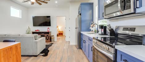 Fridge, microwave, stovetop, coffee/tea maker