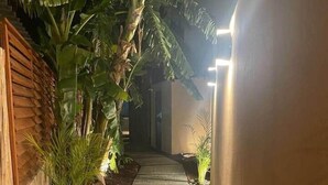 Ein schmaler Betonweg, gesäumt von üppigem Grün und einem Holzzaun, der zu einem Gebäudeeingang führt.