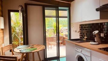 Fridge, microwave, cookware/dishes/utensils