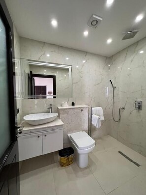 Chambre double, balcon, vue sur le lac | Salle de bain | Douche, articles de toilette (gratuits), séchoir à cheveux
