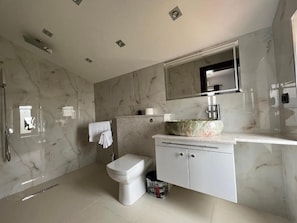 Shower, free toiletries, hair dryer, towels