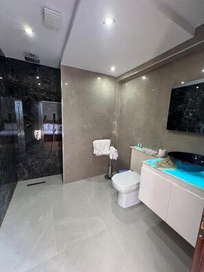 Chambre Deluxe double, balcon, vue sur le lac | Salle de bain | Douche, articles de toilette (gratuits), séchoir à cheveux