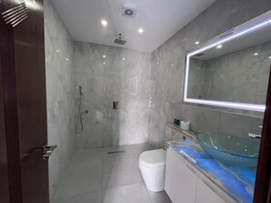 Douche, articles de toilette (gratuits), séchoir à cheveux